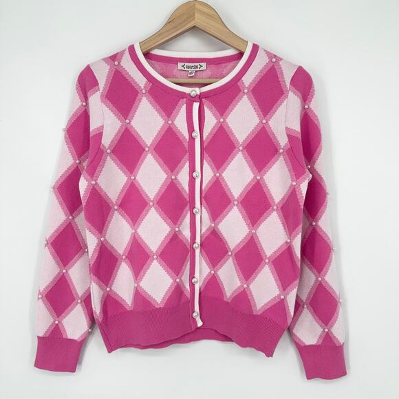 Nanette Lepore Argyle Cardigan Pearl Crew Neck Plaid Barbie Sweater, Pink - Picture 4 of 12